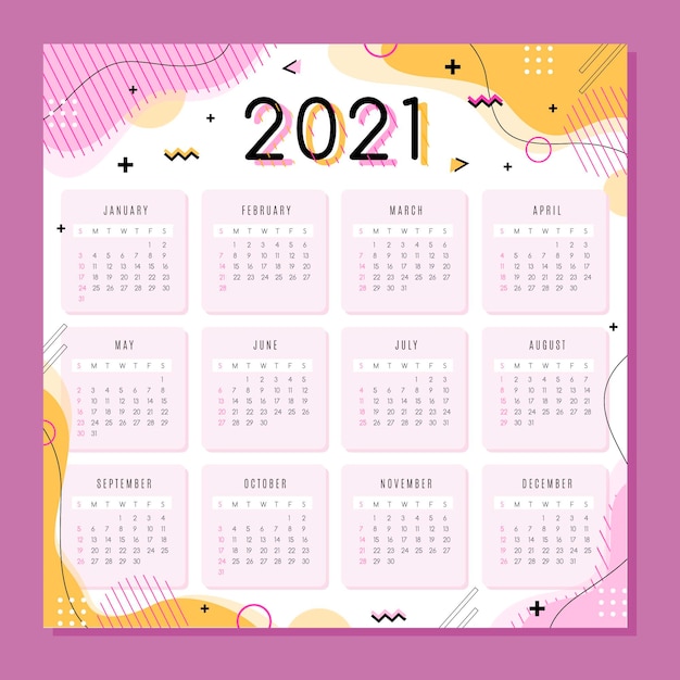 Calendario año nuevo 2021 en diseño plano