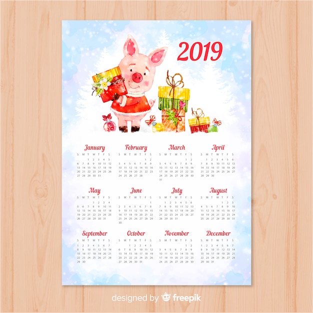 Calendario de año nuevo chino 2019 en acuarela