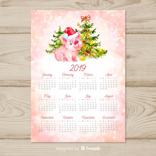 Vector gratuito calendario de año nuevo chino 2019 en acuarela