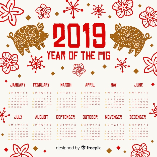 Calendario año nuevo chino 2019 en diseño plano