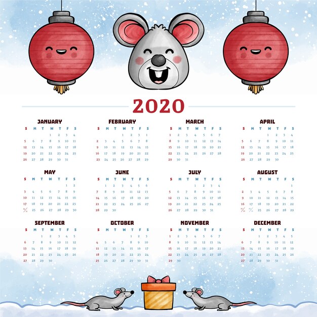 Calendario de año nuevo chino acuarela