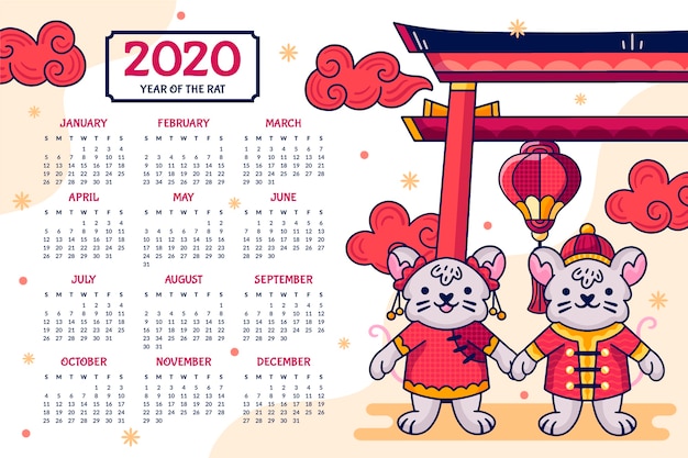 Calendario de año nuevo chino dibujado a mano