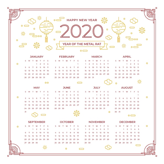 Vector gratuito calendario del año nuevo chino en diseño plano