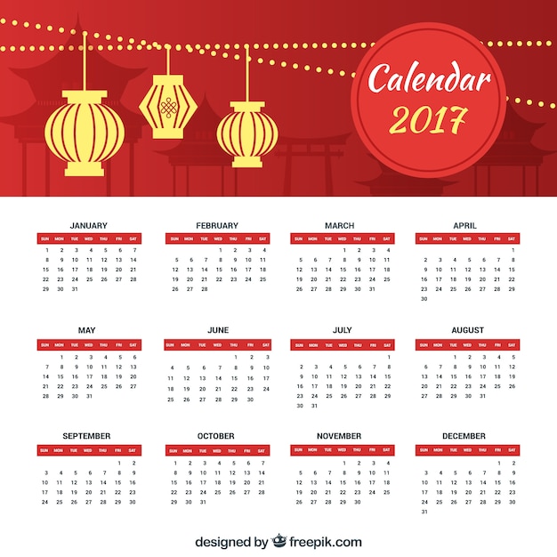 Calendario del año nuevo chino con faroles en diseño plano