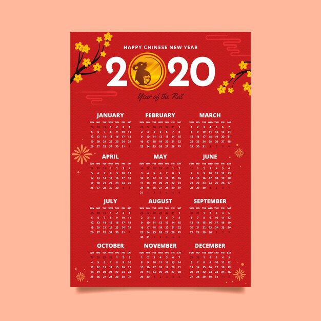 Vector gratuito calendario de año nuevo chino rojo y dorado