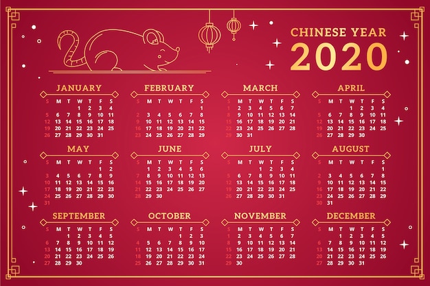 Calendario de año nuevo chino rojo y dorado