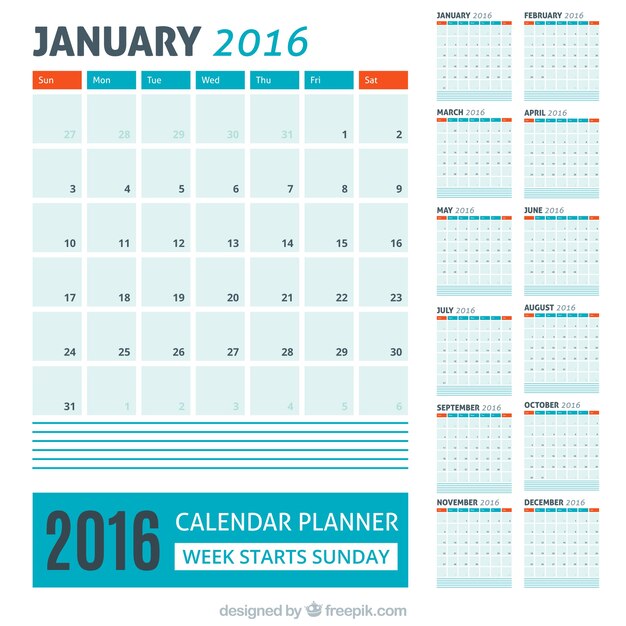 Calendario azul de 2016 con detalles rojos