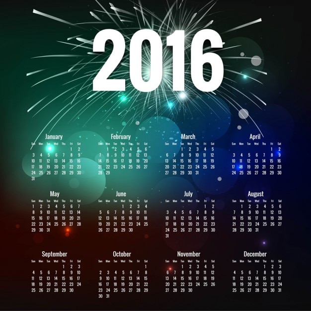 Calendario bokeh 2016 con fuegos artificiales