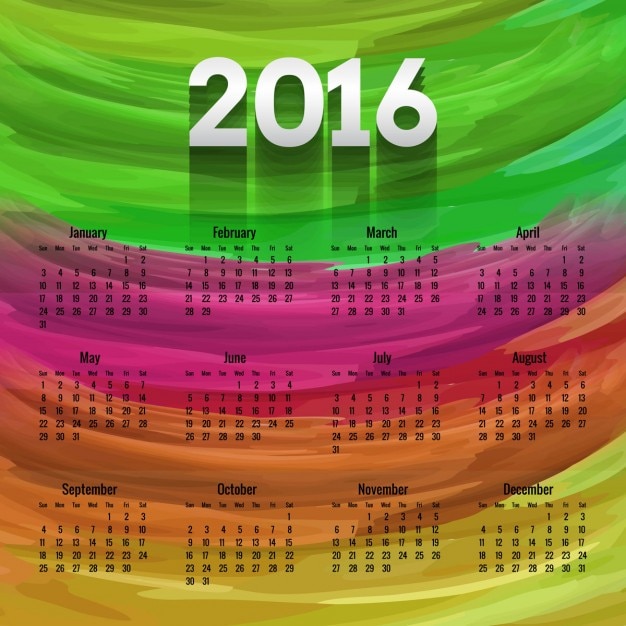 Vector gratuito calendario colorido de 2016 en estilo pintado a mano