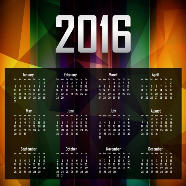 calendario colorido de 2016 en estilo poligonal