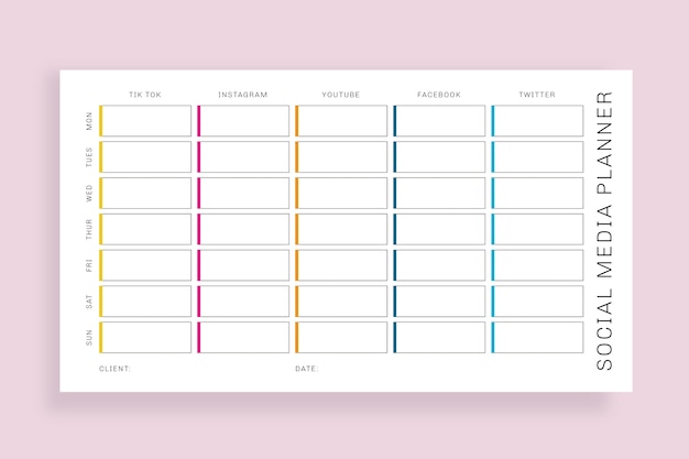 Calendario colorido del plan semanal de redes sociales