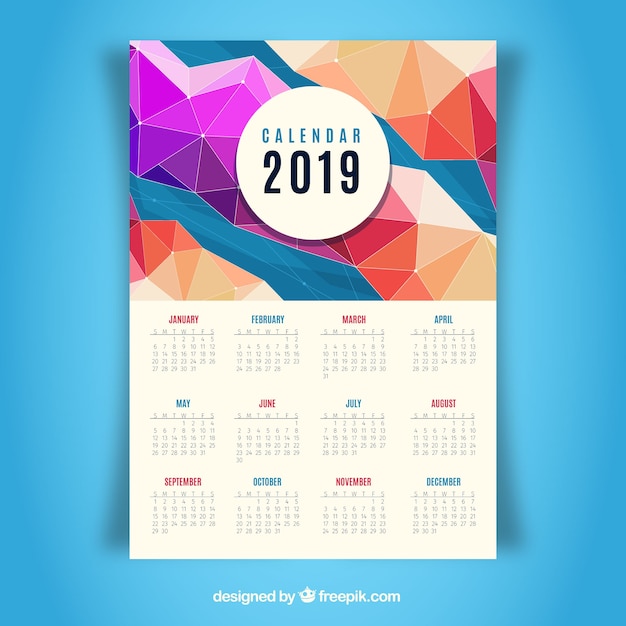 Calendario colorido plano para el año 2019