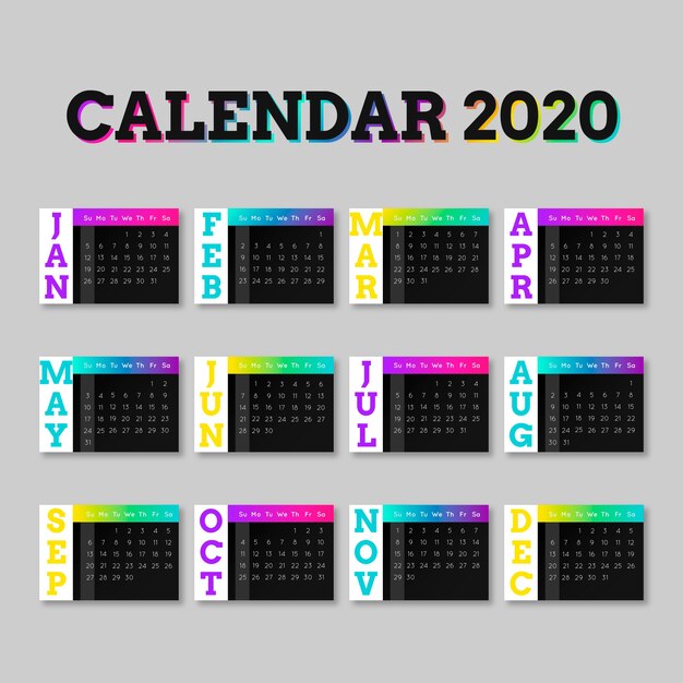 Calendario colorido para la plantilla 2020