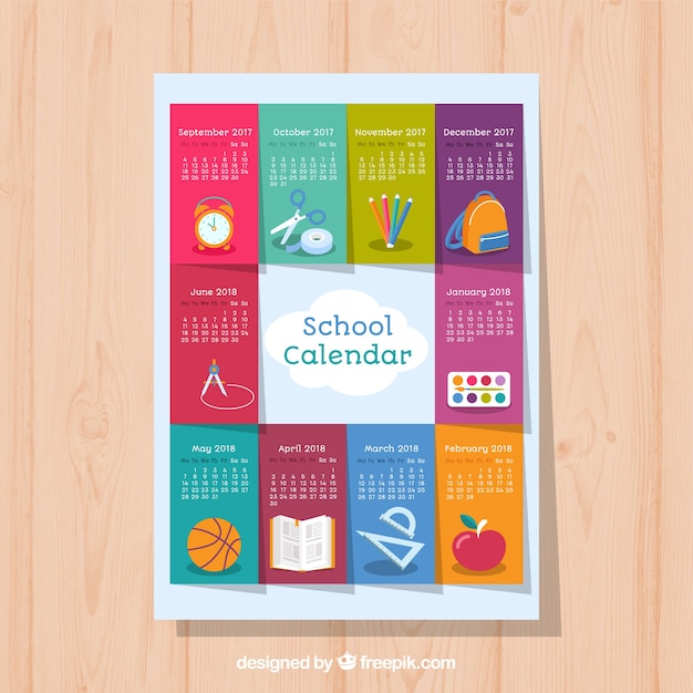 Vector gratuito calendario colorido y variedad de elementos del colegio