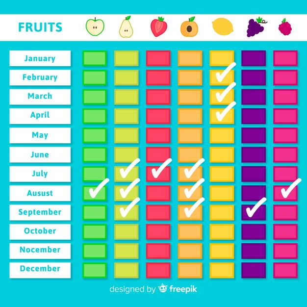 Calendario colorido de verduras y frutas estacionales