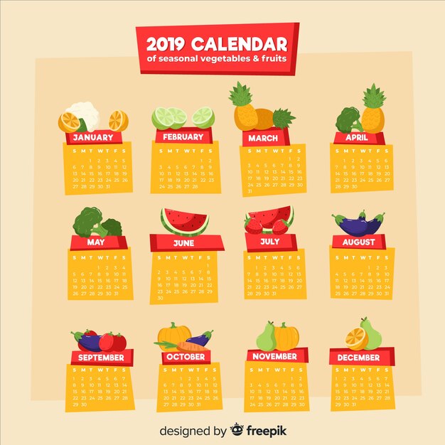 Calendario colorido de verduras y frutas estacionales