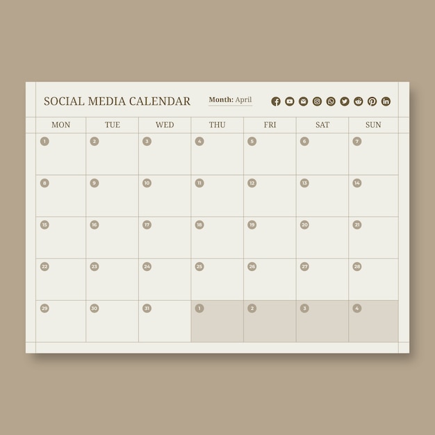 Calendario de contenido estético en redes sociales.