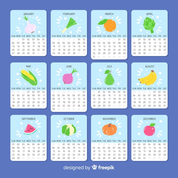 Vector gratuito calendario dibujado a mano de verduras y frutas estacionales