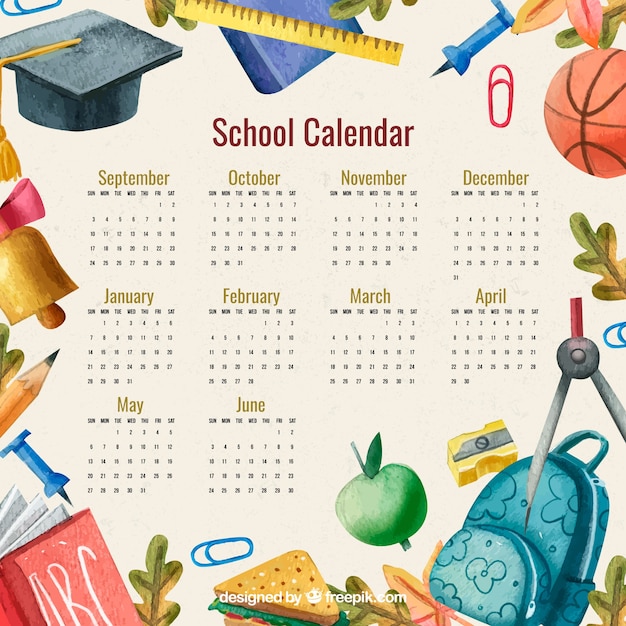 Calendario escolar con accesorios de acuarela