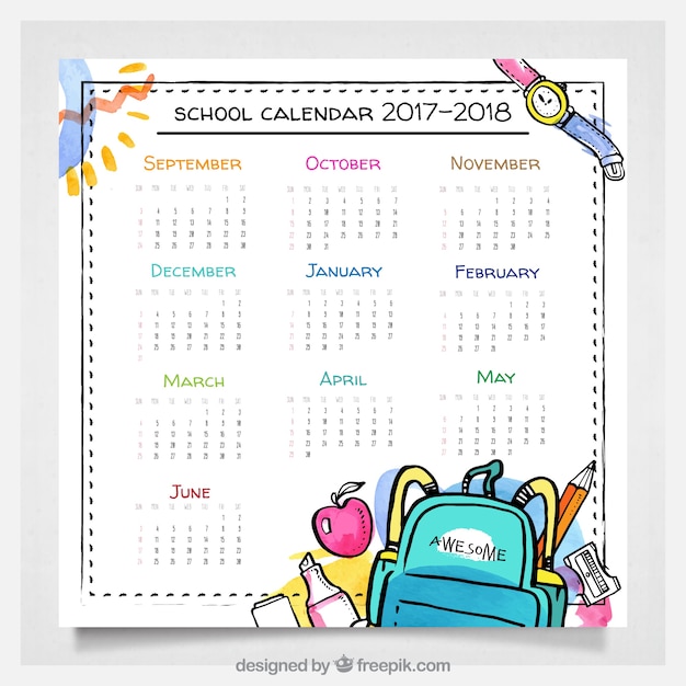 Vector gratuito calendario escolar en acuarela con estilo divertido