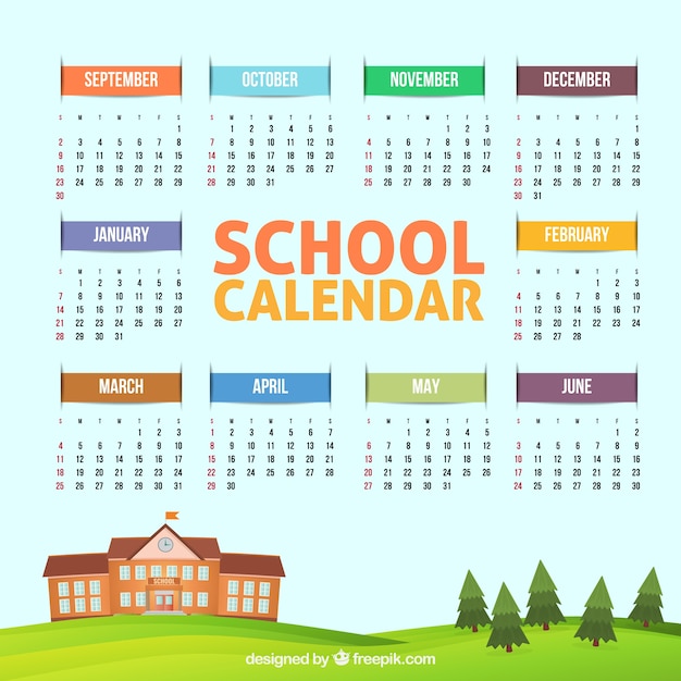 Calendario escolar adorable con colegio y árboles