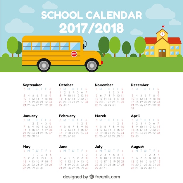 Calendario escolar con autobús  y colegio