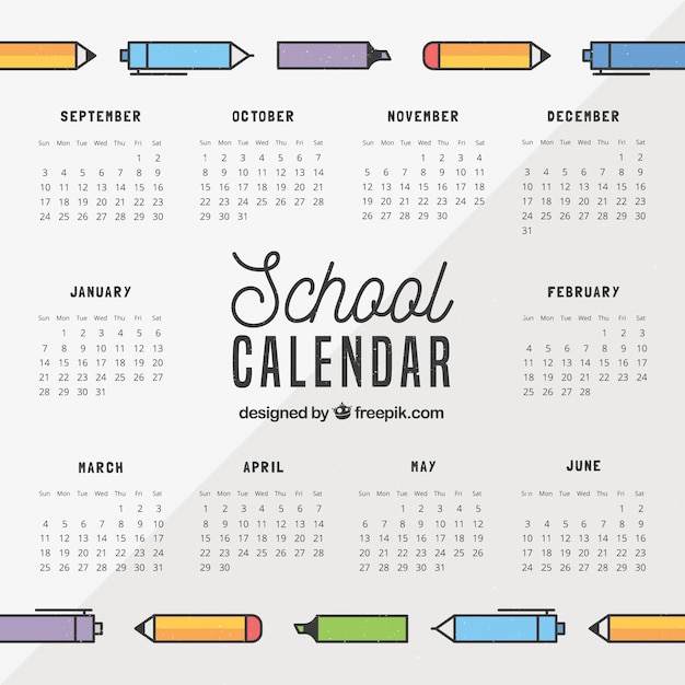 Vector gratuito calendario escolar con bolígrafos y lápices