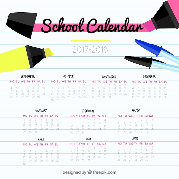 Vector gratuito calendario escolar con boligrafos