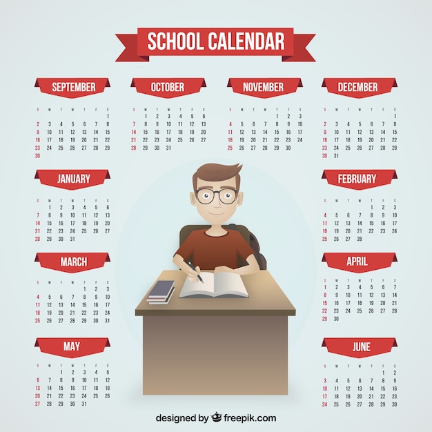 Vector gratuito calendario escolar de chico estudiando