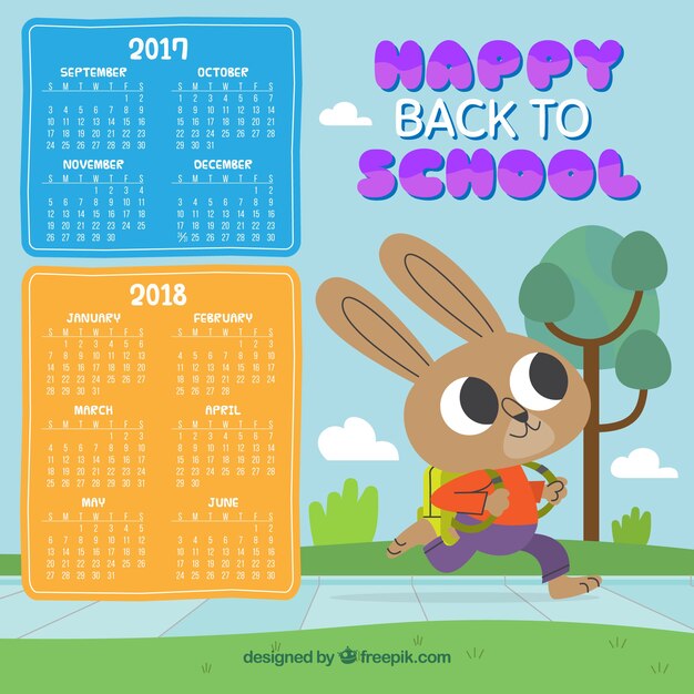 Vector gratuito calendario escolar con conejo sonriente