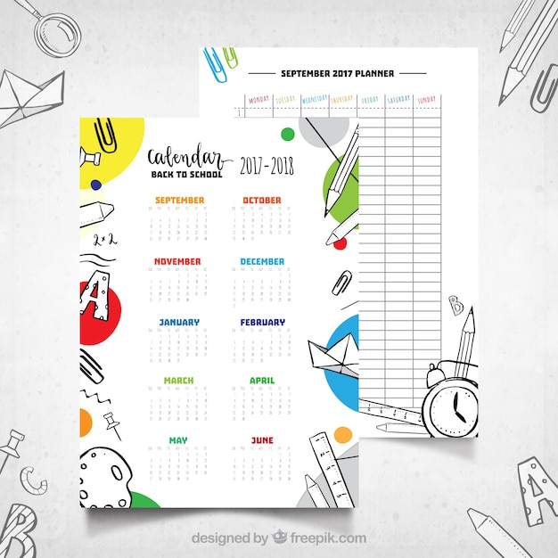 Calendario escolar con estilo de dibujo a mano