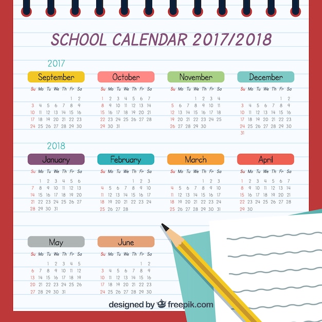 Vector gratuito calendario escolar con lápiz y nota