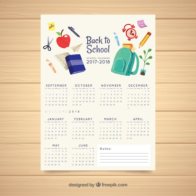 Calendario escolar con material en acuarela