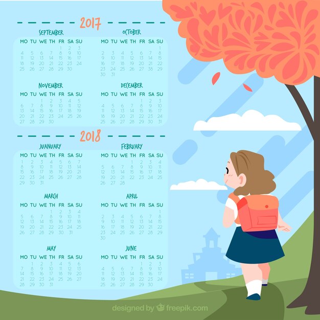 Vector gratuito calendario escolar con una niña que va al colegio