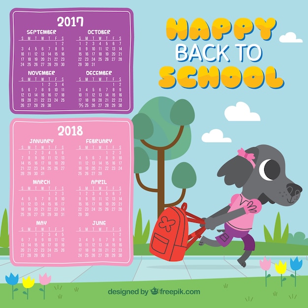 Vector gratuito calendario escolar con perro adorable