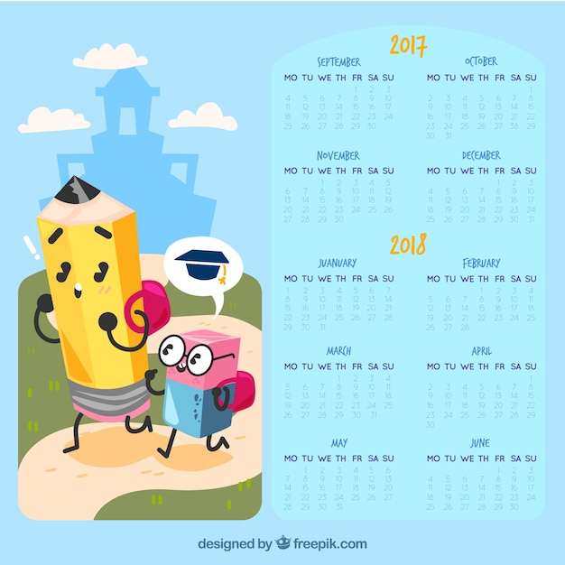 Vector gratuito calendario escolar con personajes divertidos