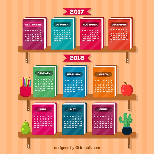 Vector gratuito calendario escolar sobre libros coloridos