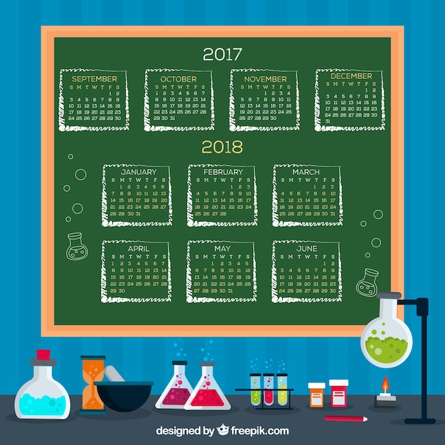 Vector gratuito calendario escolar sobre pizarra y material científico