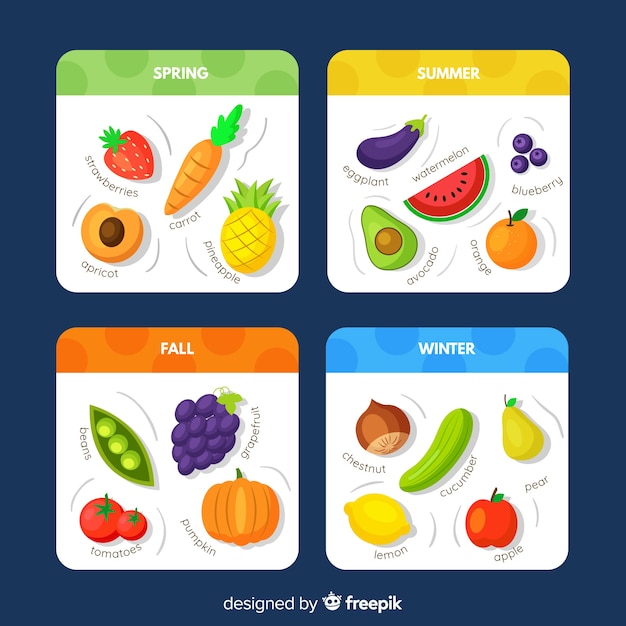 Vector gratuito calendario estacional colorido de frutas y verduras