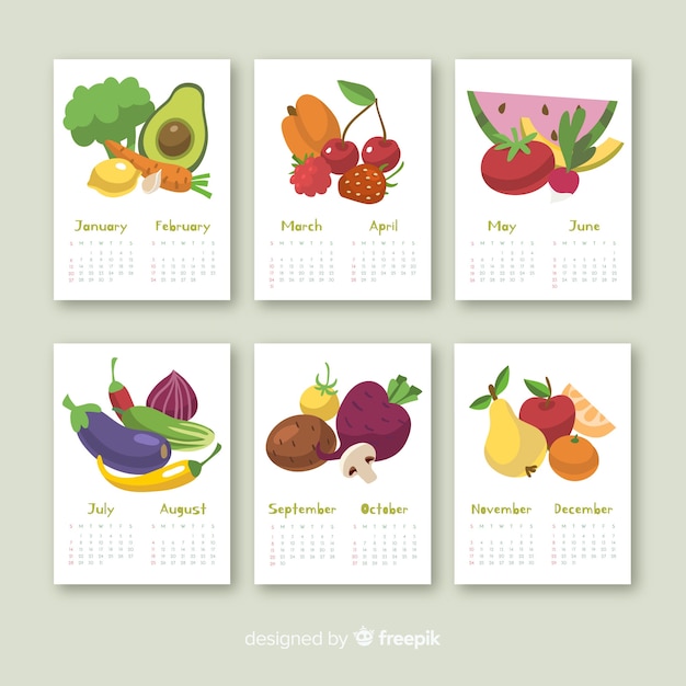 Calendario estacional colorido de frutas y verduras