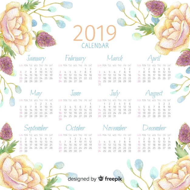 Calendario floral acuarela 2019