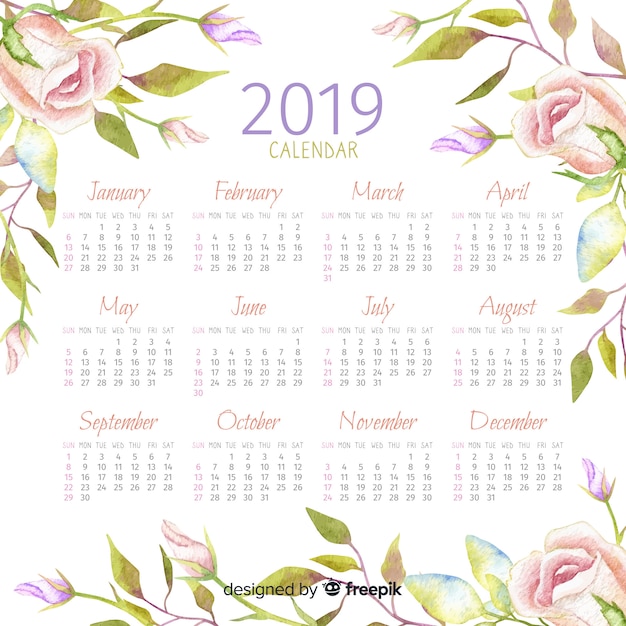 Calendario floral acuarela 2019