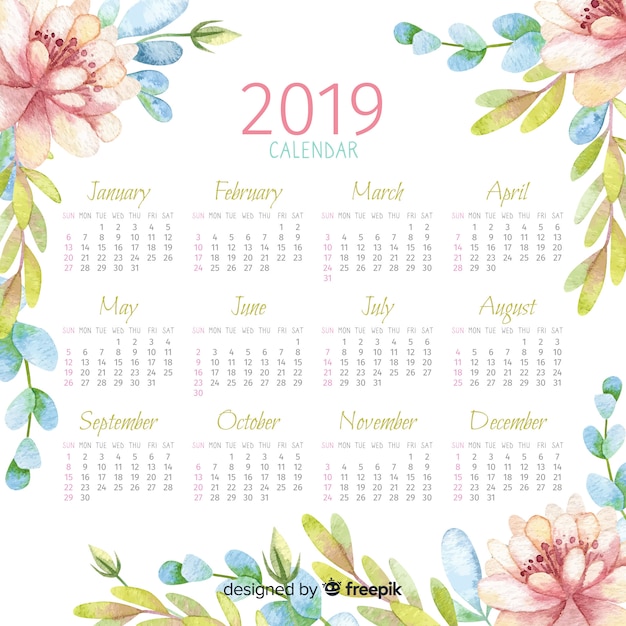 Vector gratuito calendario floral acuarela 2019