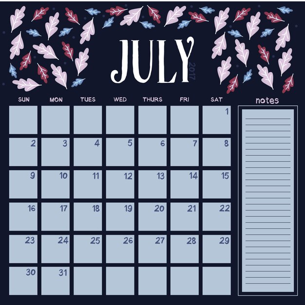 Calendario de julio con diseño floral