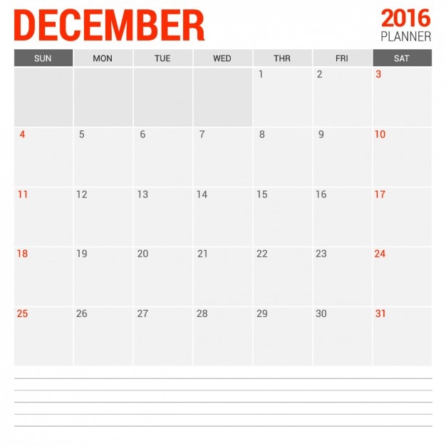 Vector gratuito calendario mensual de diciembre 2016