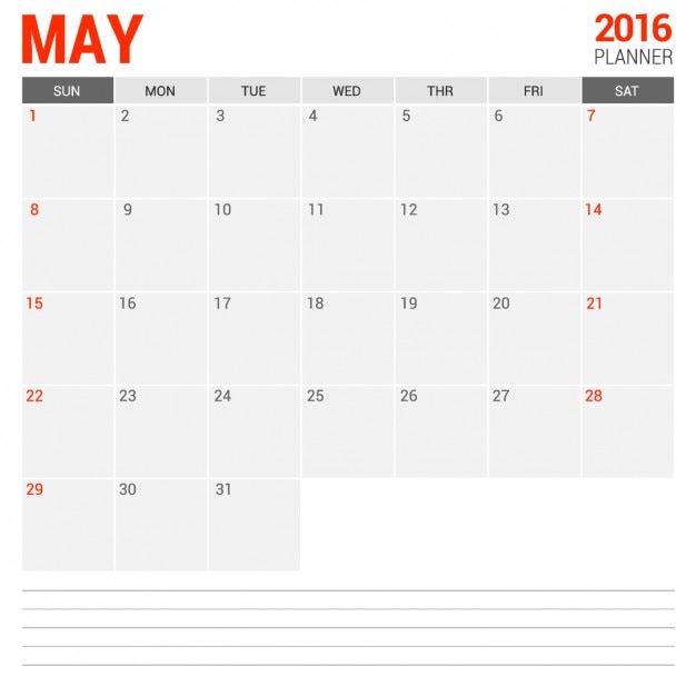 Vector gratuito calendario mensual mayo 2016