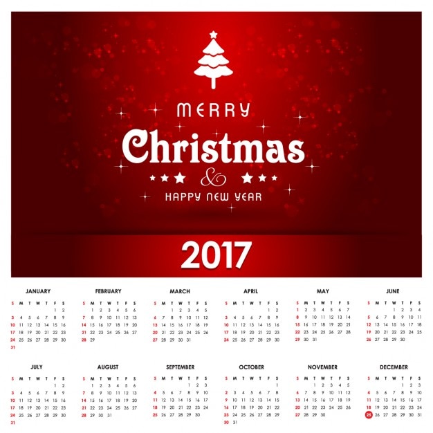 Calendario para navidad rojo con un árbol blanco