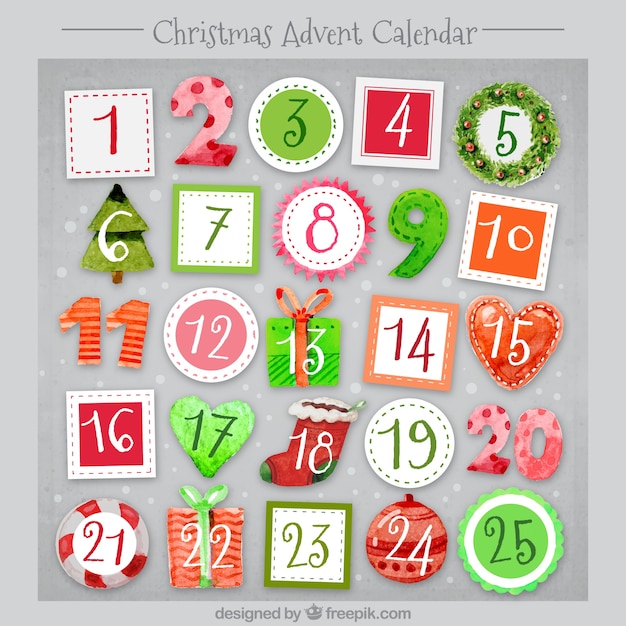 Vector gratuito calendario navideño de adviento de acuarela