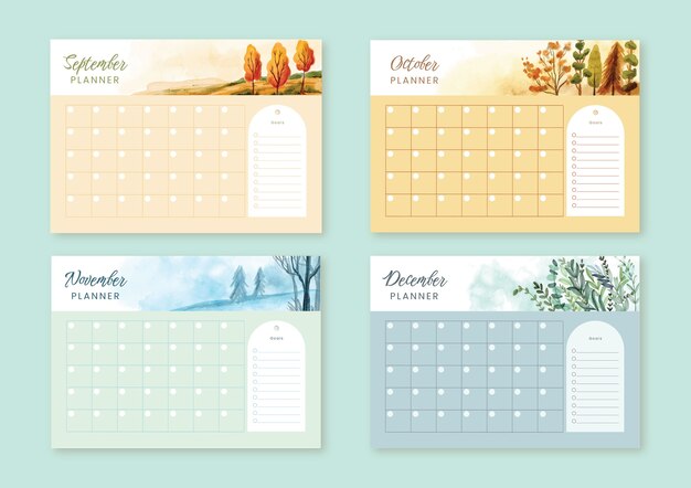 Calendario planificador mensual de acuarela