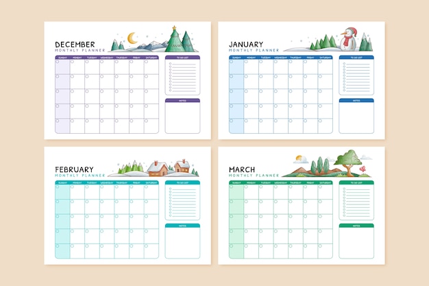 Calendario planificador mensual de acuarela